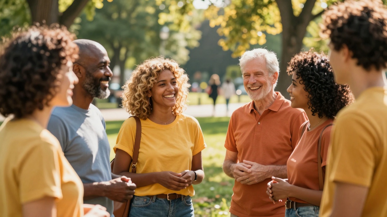 Diverse group of people from different generations having a friendly conversation in a sunny park